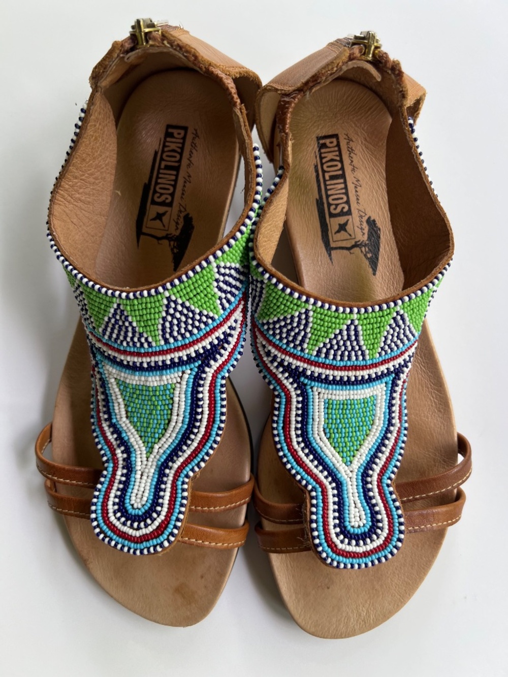 Pikolinos Maasai Project Beaded Leather Flat Sandals Back Zip 39/ 8.5 -9  Spain